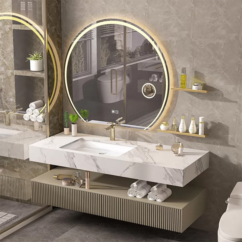 Bathroom Vanity Set Round LED Mirror Rectangular Sink Sink Vanity Vanity & Faucet & Mirrors 51"L x 22"W x 33"H Clearhalo 'Bathroom Remodel & Bathroom Fixtures' 'Bathroom Vanities' 'bathroom_vanities' 'Home Improvement' 'home_improvement' 'home_improvement_bathroom_vanities' 6578126