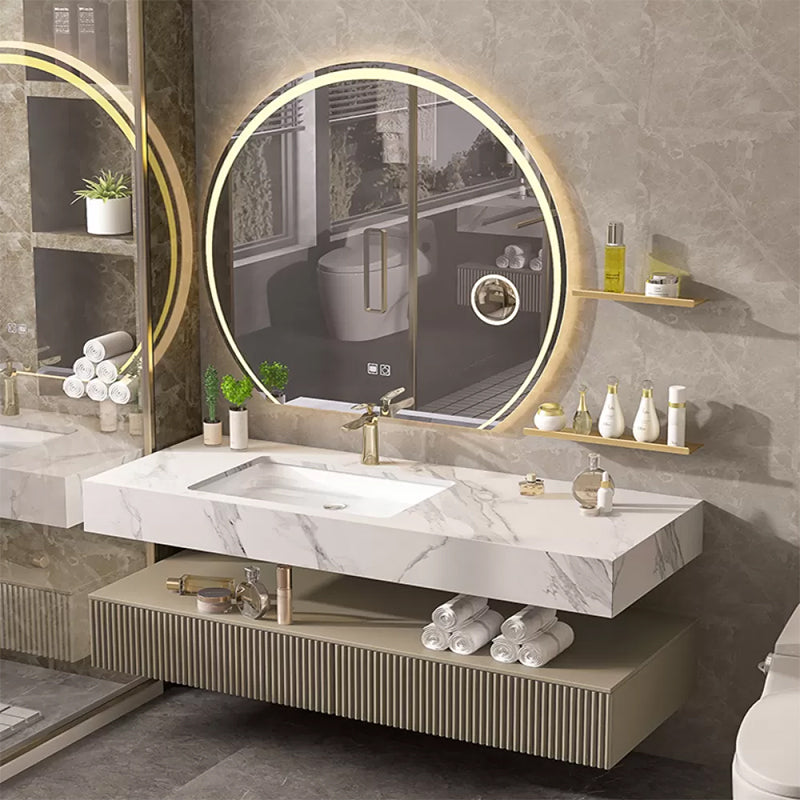 Bathroom Vanity Set Round LED Mirror Rectangular Sink Sink Vanity Vanity & Faucet & Mirrors 55"L x 22"W x 33"H Clearhalo 'Bathroom Remodel & Bathroom Fixtures' 'Bathroom Vanities' 'bathroom_vanities' 'Home Improvement' 'home_improvement' 'home_improvement_bathroom_vanities' 6578127