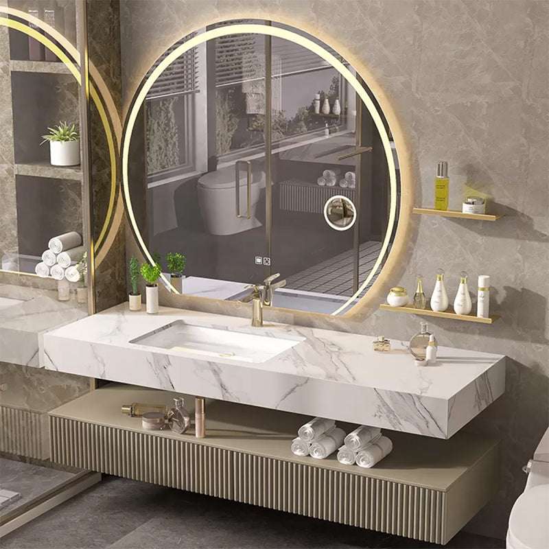 Bathroom Vanity Set Round LED Mirror Rectangular Sink Sink Vanity Vanity & Faucet & Mirrors 59"L x 22"W x 33.5"H Clearhalo 'Bathroom Remodel & Bathroom Fixtures' 'Bathroom Vanities' 'bathroom_vanities' 'Home Improvement' 'home_improvement' 'home_improvement_bathroom_vanities' 6578130