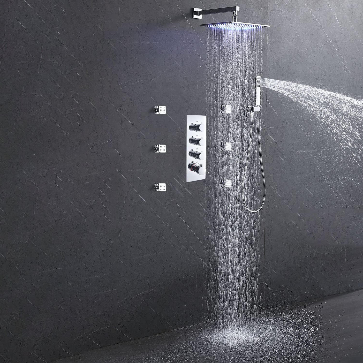 Shower System Ceiling Mounted Massage Jets Square Rain Shower Head Shower Trim Clearhalo 'Bathroom Remodel & Bathroom Fixtures' 'Home Improvement' 'home_improvement' 'home_improvement_shower_faucets' 'Shower Faucets & Systems' 'shower_faucets' 'Showers & Bathtubs Plumbing' 'Showers & Bathtubs' 6578448