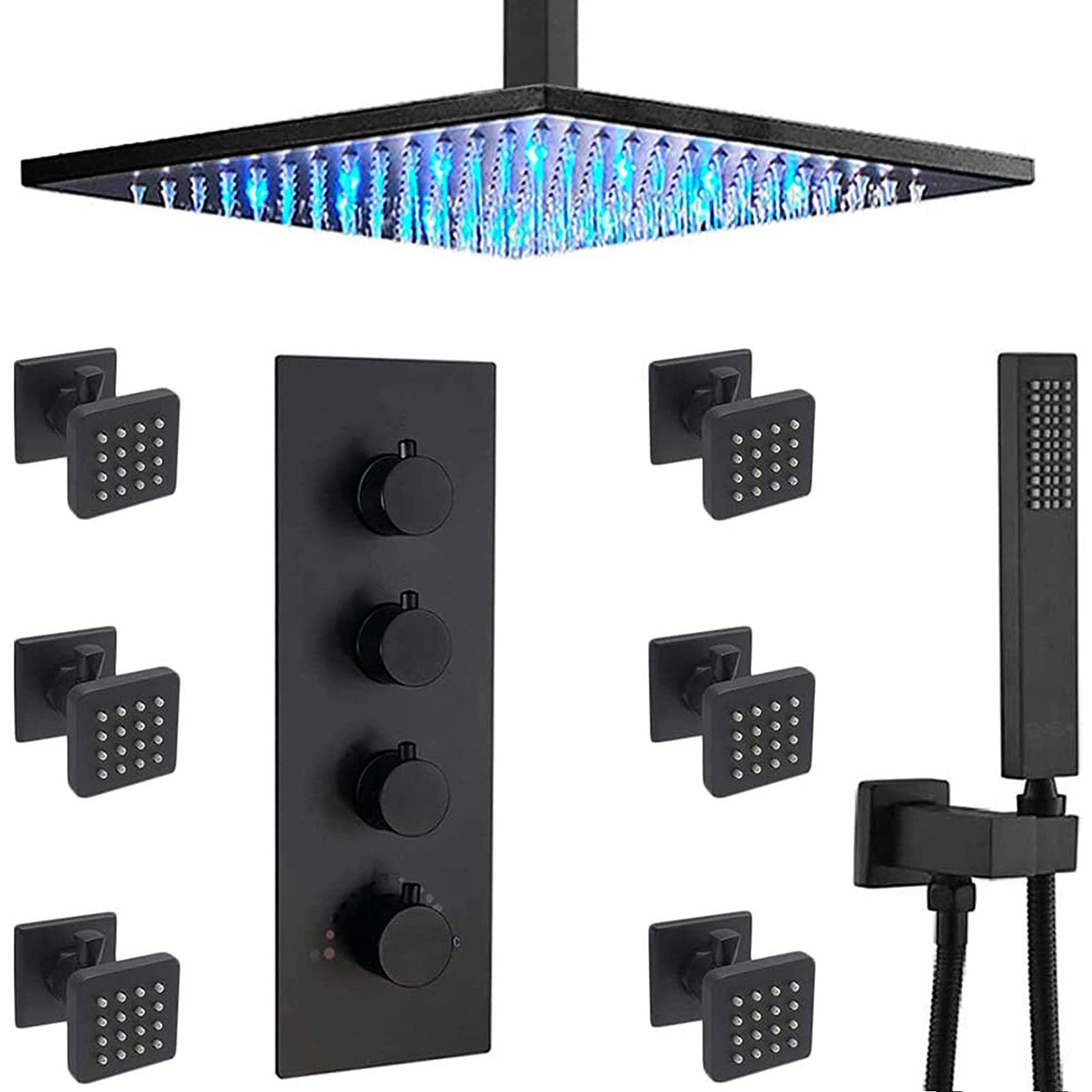 Shower System Ceiling Mounted Massage Jets Square Rain Shower Head Shower Trim Black Clearhalo 'Bathroom Remodel & Bathroom Fixtures' 'Home Improvement' 'home_improvement' 'home_improvement_shower_faucets' 'Shower Faucets & Systems' 'shower_faucets' 'Showers & Bathtubs Plumbing' 'Showers & Bathtubs' 6578449