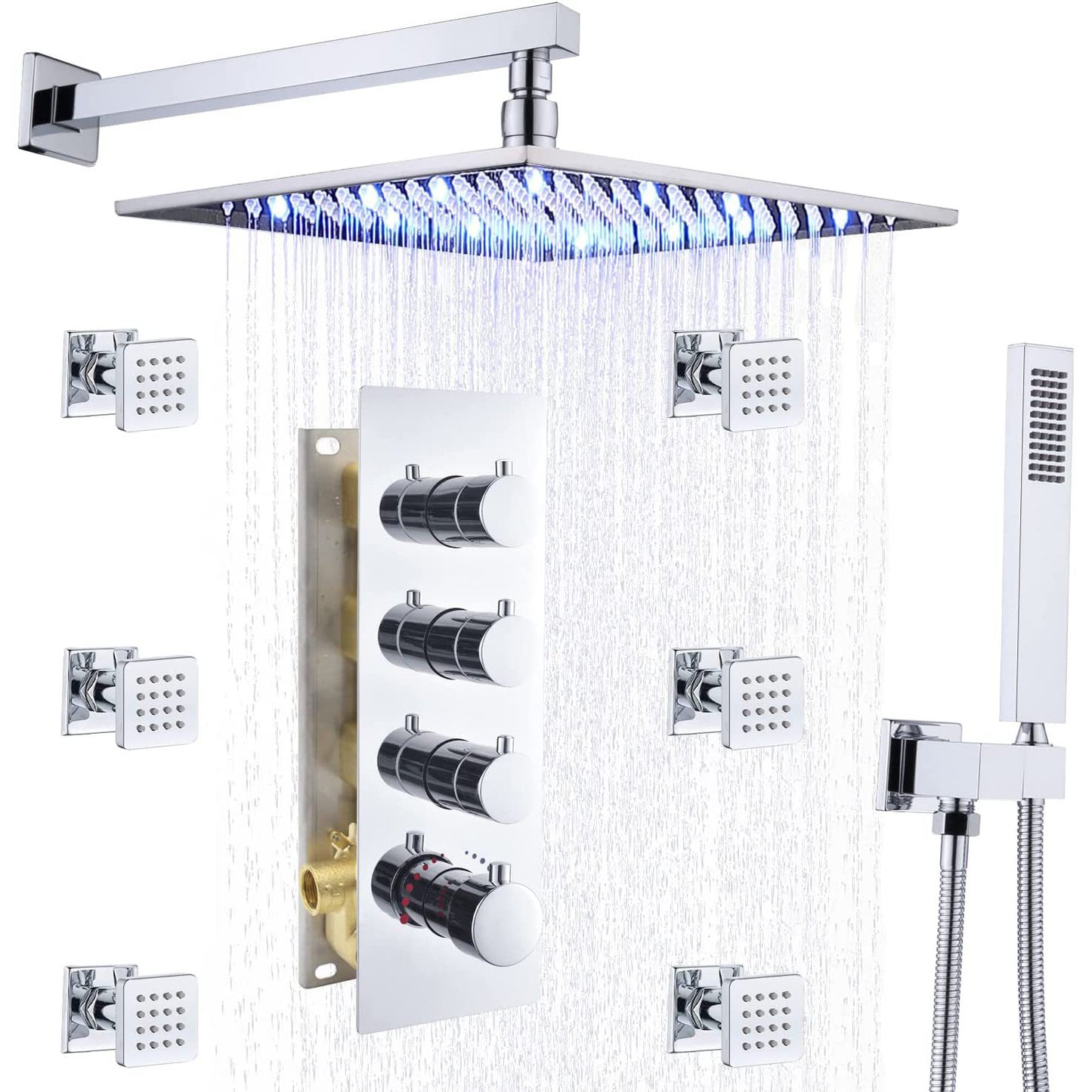 Shower System Ceiling Mounted Massage Jets Square Rain Shower Head Shower Trim Silver 1'4" x 1'4" Clearhalo 'Bathroom Remodel & Bathroom Fixtures' 'Home Improvement' 'home_improvement' 'home_improvement_shower_faucets' 'Shower Faucets & Systems' 'shower_faucets' 'Showers & Bathtubs Plumbing' 'Showers & Bathtubs' 6578450