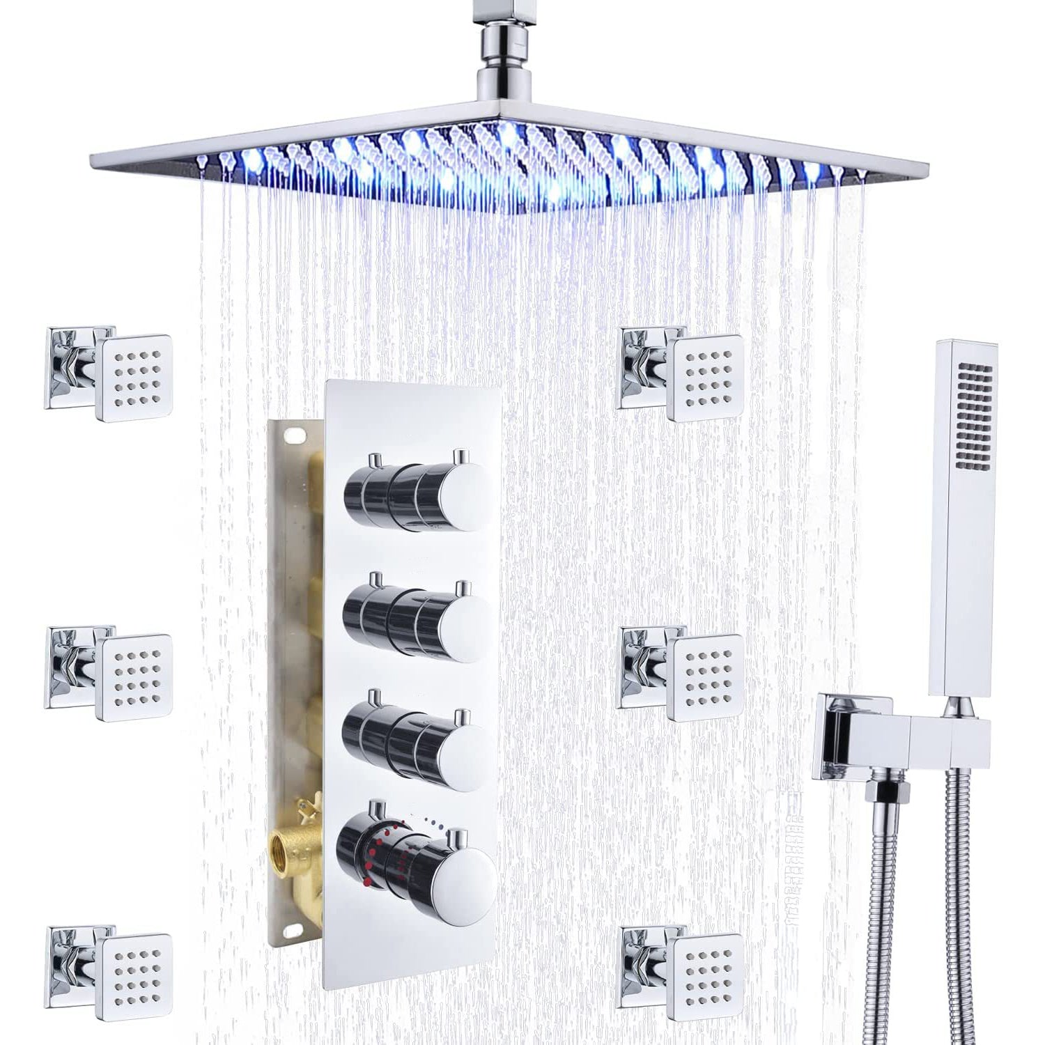 Shower System Ceiling Mounted Massage Jets Square Rain Shower Head Shower Trim Chrome 1'4" x 1'4" Clearhalo 'Bathroom Remodel & Bathroom Fixtures' 'Home Improvement' 'home_improvement' 'home_improvement_shower_faucets' 'Shower Faucets & Systems' 'shower_faucets' 'Showers & Bathtubs Plumbing' 'Showers & Bathtubs' 6578452