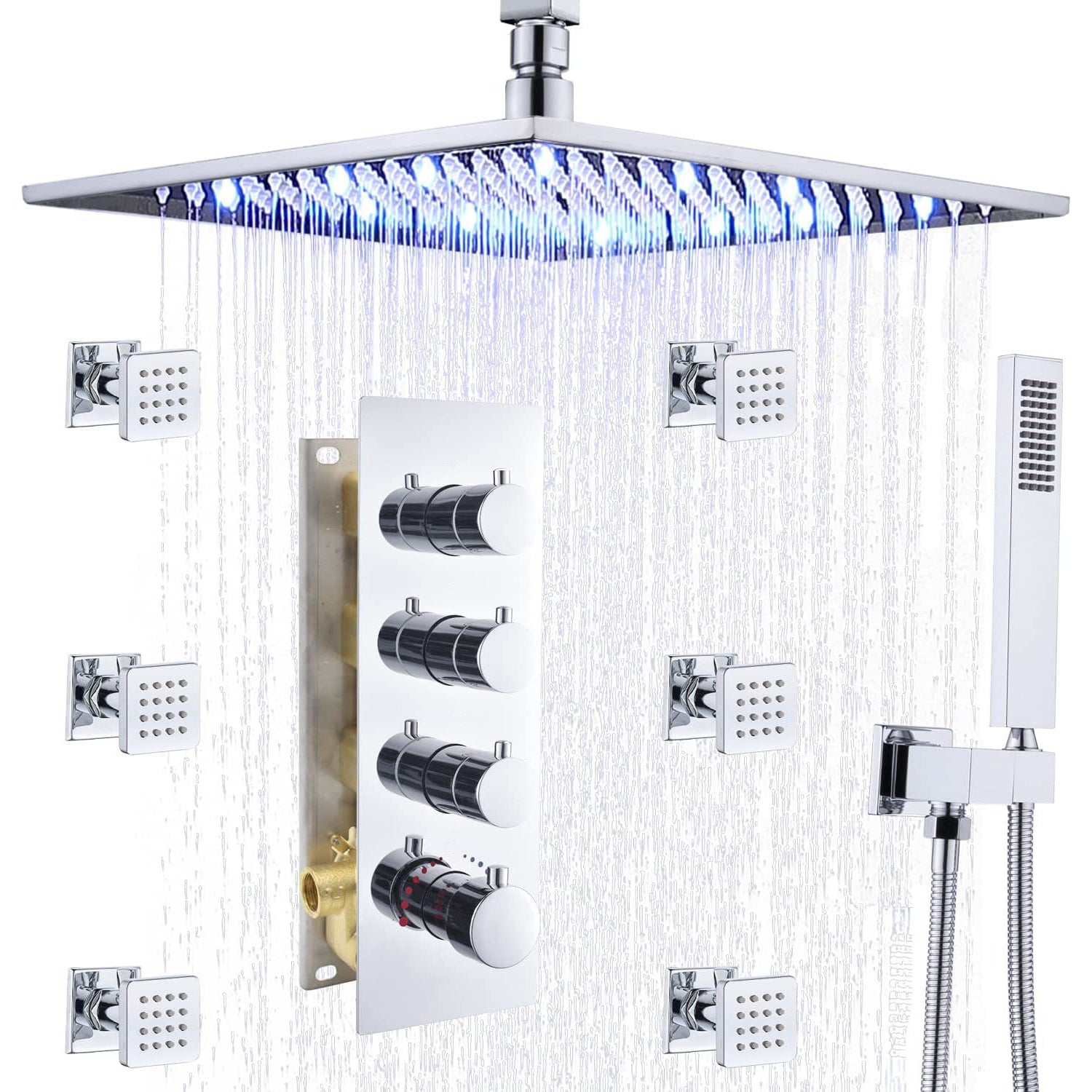 Shower System Ceiling Mounted Massage Jets Square Rain Shower Head Shower Trim Chrome 21"L x 21"H Clearhalo 'Bathroom Remodel & Bathroom Fixtures' 'Home Improvement' 'home_improvement' 'home_improvement_shower_faucets' 'Shower Faucets & Systems' 'shower_faucets' 'Showers & Bathtubs Plumbing' 'Showers & Bathtubs' 6578454