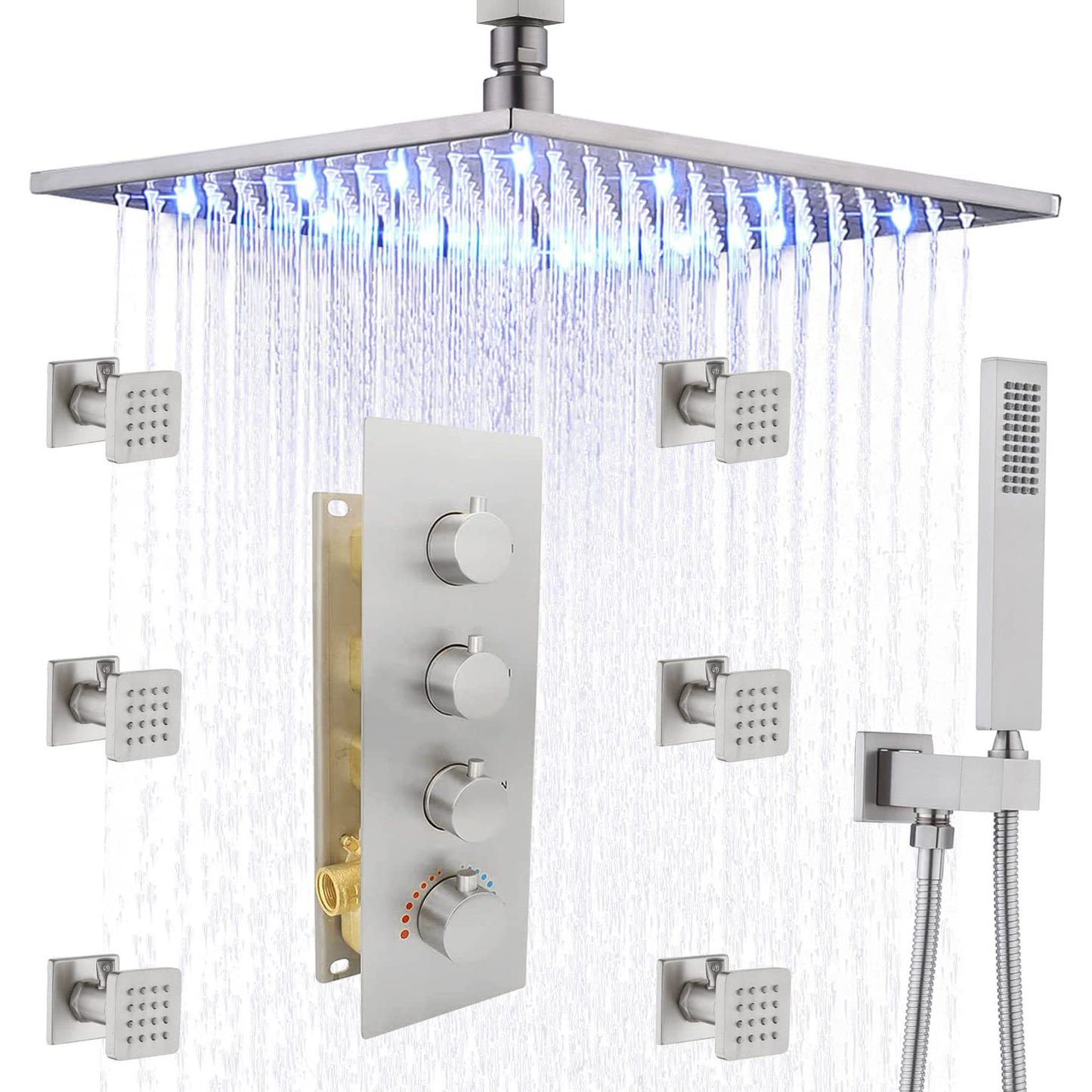 Shower System Ceiling Mounted Massage Jets Square Rain Shower Head Shower Trim Silver Gray Clearhalo 'Bathroom Remodel & Bathroom Fixtures' 'Home Improvement' 'home_improvement' 'home_improvement_shower_faucets' 'Shower Faucets & Systems' 'shower_faucets' 'Showers & Bathtubs Plumbing' 'Showers & Bathtubs' 6578456