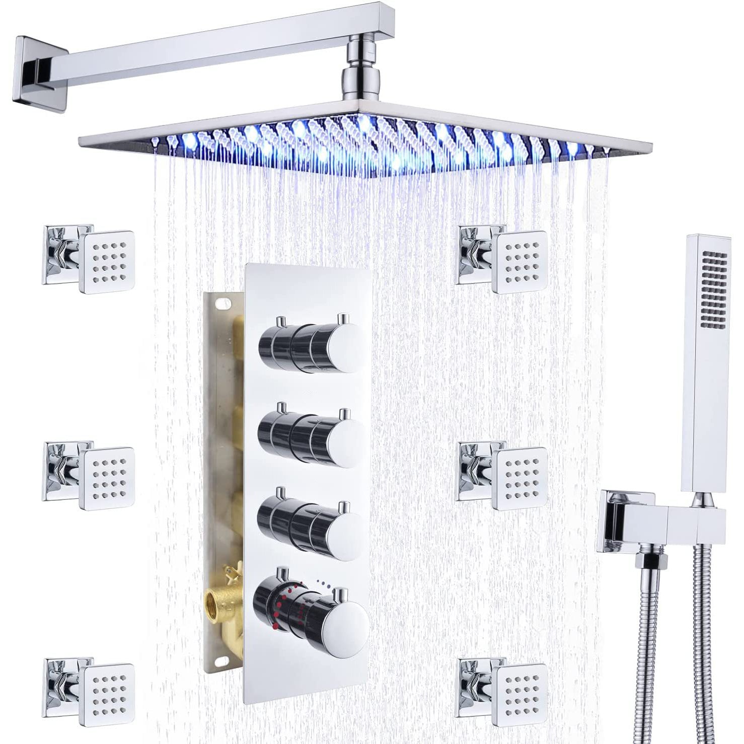 Shower System Ceiling Mounted Massage Jets Square Rain Shower Head Shower Trim Clearhalo 'Bathroom Remodel & Bathroom Fixtures' 'Home Improvement' 'home_improvement' 'home_improvement_shower_faucets' 'Shower Faucets & Systems' 'shower_faucets' 'Showers & Bathtubs Plumbing' 'Showers & Bathtubs' 6578458