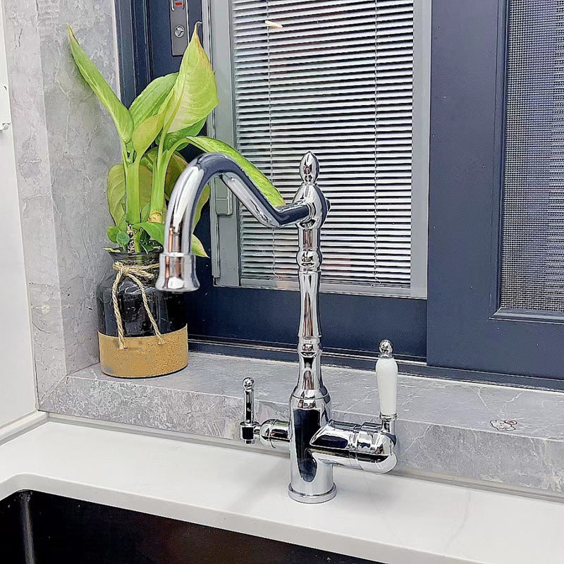 Traditional Bridge Kitchen Faucet 2-Handle Bridge Kitchen Faucet in Gold Stainless Steel Clearhalo 'Home Improvement' 'home_improvement' 'home_improvement_kitchen_faucets' 'Kitchen Faucets' 'Kitchen Remodel & Kitchen Fixtures' 'Kitchen Sinks & Faucet Components' 'kitchen_faucets' 6585223