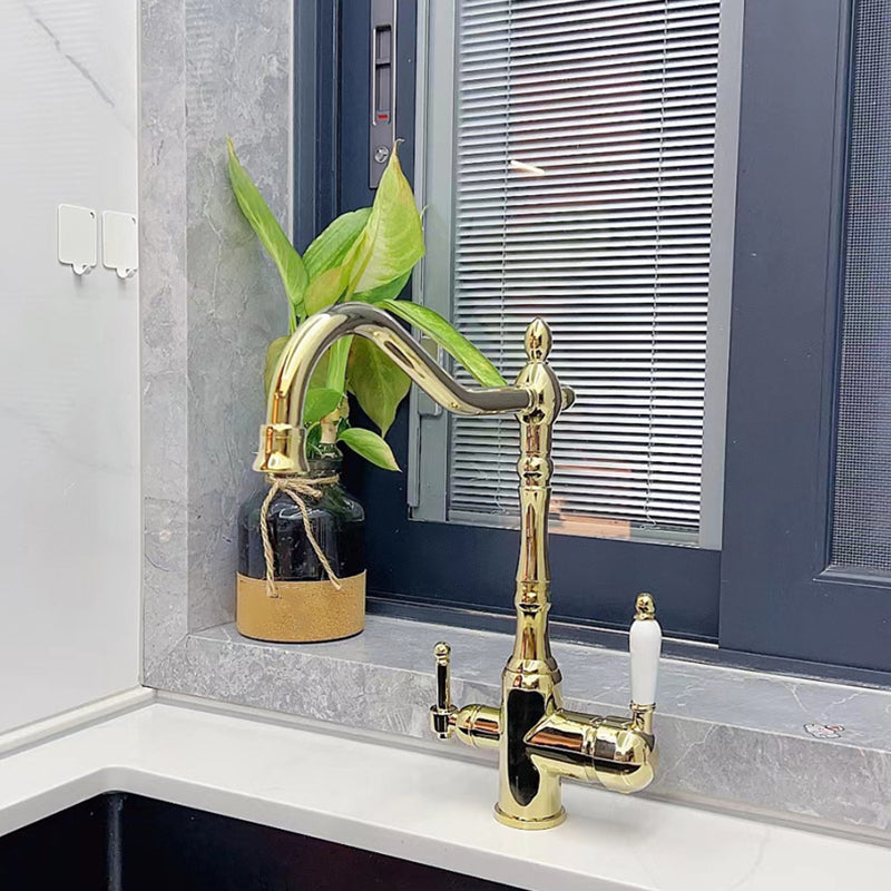 Traditional Bridge Kitchen Faucet 2-Handle Bridge Kitchen Faucet in Gold Gold Clearhalo 'Home Improvement' 'home_improvement' 'home_improvement_kitchen_faucets' 'Kitchen Faucets' 'Kitchen Remodel & Kitchen Fixtures' 'Kitchen Sinks & Faucet Components' 'kitchen_faucets' 6585224