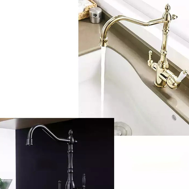 Traditional Bridge Kitchen Faucet 2-Handle Bridge Kitchen Faucet in Gold Clearhalo 'Home Improvement' 'home_improvement' 'home_improvement_kitchen_faucets' 'Kitchen Faucets' 'Kitchen Remodel & Kitchen Fixtures' 'Kitchen Sinks & Faucet Components' 'kitchen_faucets' 6585228