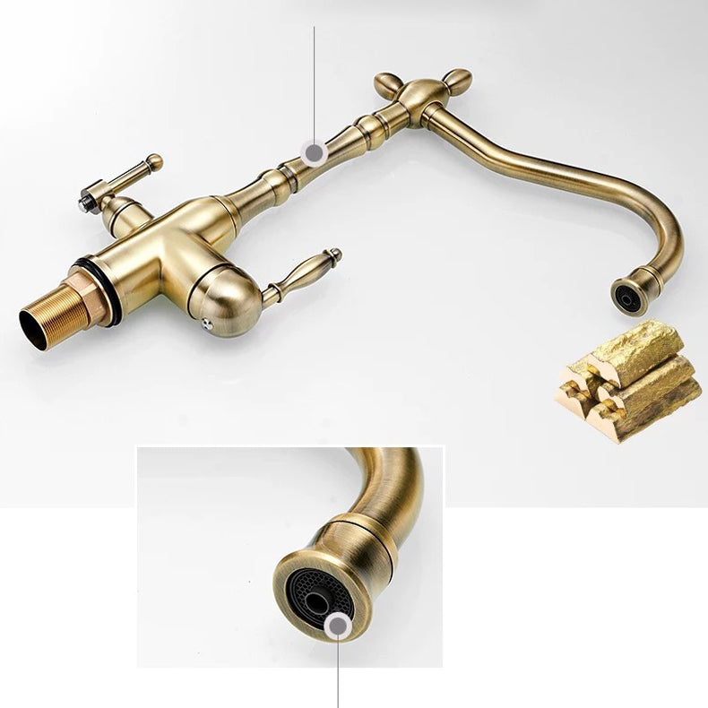 Traditional Bridge Kitchen Faucet 2-Handle Bridge Kitchen Faucet in Gold Clearhalo 'Home Improvement' 'home_improvement' 'home_improvement_kitchen_faucets' 'Kitchen Faucets' 'Kitchen Remodel & Kitchen Fixtures' 'Kitchen Sinks & Faucet Components' 'kitchen_faucets' 6585229