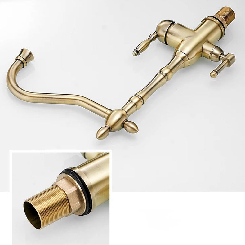 Traditional Bridge Kitchen Faucet 2-Handle Bridge Kitchen Faucet in Gold Clearhalo 'Home Improvement' 'home_improvement' 'home_improvement_kitchen_faucets' 'Kitchen Faucets' 'Kitchen Remodel & Kitchen Fixtures' 'Kitchen Sinks & Faucet Components' 'kitchen_faucets' 6585232