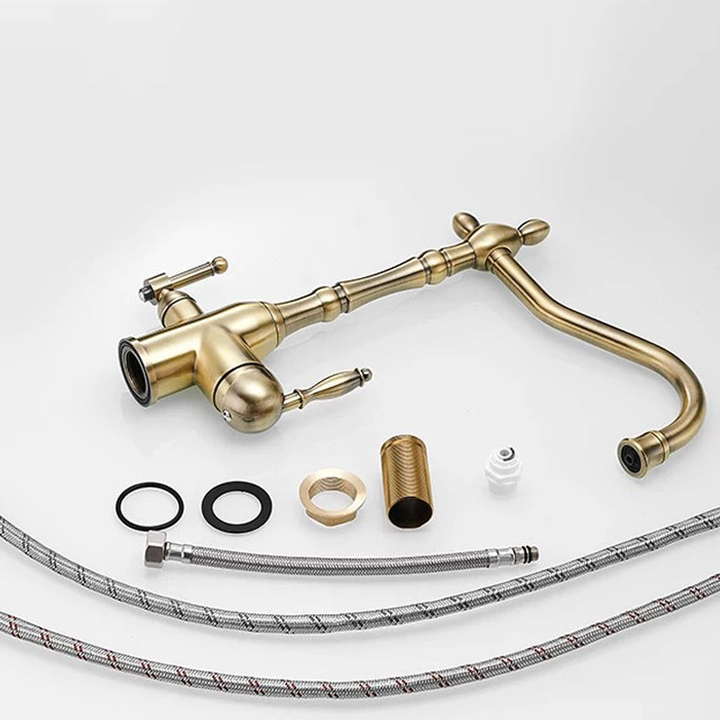 Traditional Bridge Kitchen Faucet 2-Handle Bridge Kitchen Faucet in Gold Clearhalo 'Home Improvement' 'home_improvement' 'home_improvement_kitchen_faucets' 'Kitchen Faucets' 'Kitchen Remodel & Kitchen Fixtures' 'Kitchen Sinks & Faucet Components' 'kitchen_faucets' 6585233