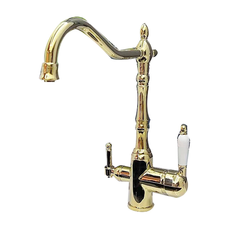 Traditional Bridge Kitchen Faucet 2-Handle Bridge Kitchen Faucet in Gold Clearhalo 'Home Improvement' 'home_improvement' 'home_improvement_kitchen_faucets' 'Kitchen Faucets' 'Kitchen Remodel & Kitchen Fixtures' 'Kitchen Sinks & Faucet Components' 'kitchen_faucets' 6585237