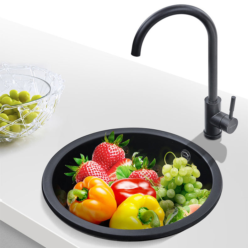 Contemporary Black Quartz Kitchen Sink Single Bowl Sink with Basket Strainer Clearhalo 'Home Improvement' 'home_improvement' 'home_improvement_kitchen_sinks' 'Kitchen Remodel & Kitchen Fixtures' 'Kitchen Sinks & Faucet Components' 'Kitchen Sinks' 'kitchen_sinks' 6585283