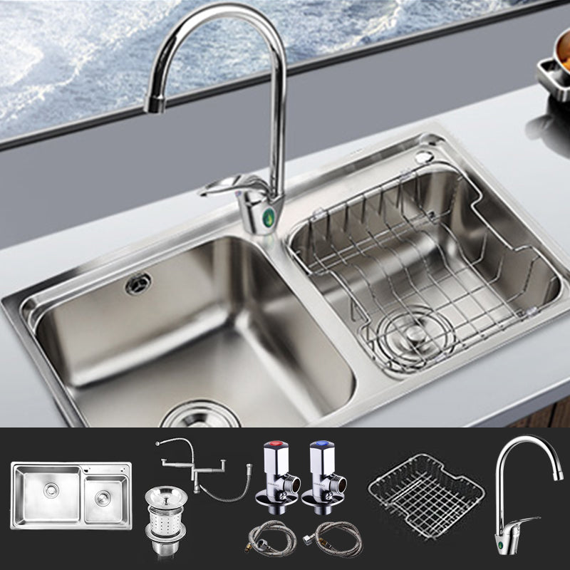 Rectangle 2 Holes Kitchen Sink Stainless Steel Double Basin Sink 27"L x 15"W x 8"H Sink with Faucet Round Faucet Clearhalo 'Home Improvement' 'home_improvement' 'home_improvement_kitchen_sinks' 'Kitchen Remodel & Kitchen Fixtures' 'Kitchen Sinks & Faucet Components' 'Kitchen Sinks' 'kitchen_sinks' 6585331