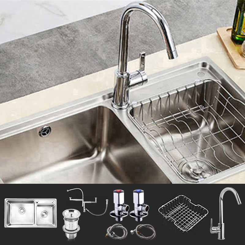 Rectangle 2 Holes Kitchen Sink Stainless Steel Double Basin Sink 30"L x 17"W x 8"H Sink with Faucet Round Faucet Clearhalo 'Home Improvement' 'home_improvement' 'home_improvement_kitchen_sinks' 'Kitchen Remodel & Kitchen Fixtures' 'Kitchen Sinks & Faucet Components' 'Kitchen Sinks' 'kitchen_sinks' 6585333