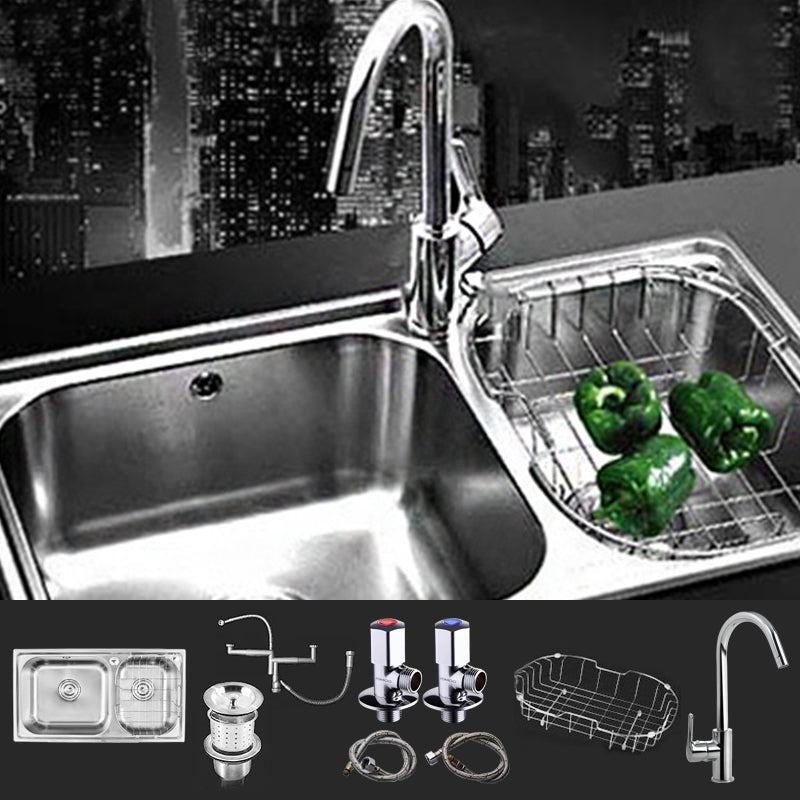 Rectangle 2 Holes Kitchen Sink Stainless Steel Double Basin Sink 32"L x 18"W x 8"H Sink with Faucet Round Faucet Clearhalo 'Home Improvement' 'home_improvement' 'home_improvement_kitchen_sinks' 'Kitchen Remodel & Kitchen Fixtures' 'Kitchen Sinks & Faucet Components' 'Kitchen Sinks' 'kitchen_sinks' 6585335
