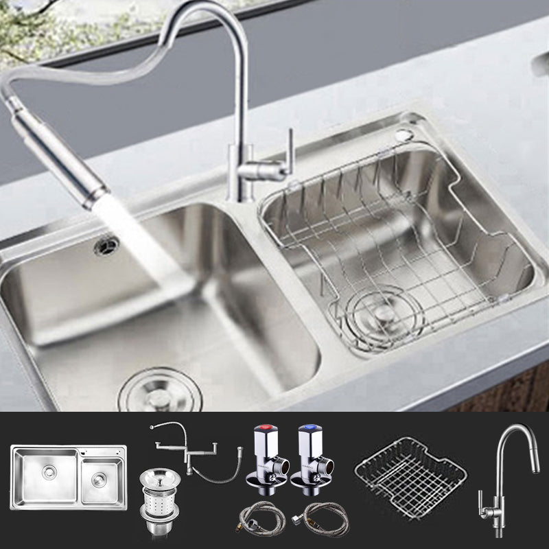 Rectangle 2 Holes Kitchen Sink Stainless Steel Double Basin Sink 27"L x 15"W x 8"H Sink with Faucet Universal Faucet Clearhalo 'Home Improvement' 'home_improvement' 'home_improvement_kitchen_sinks' 'Kitchen Remodel & Kitchen Fixtures' 'Kitchen Sinks & Faucet Components' 'Kitchen Sinks' 'kitchen_sinks' 6585345