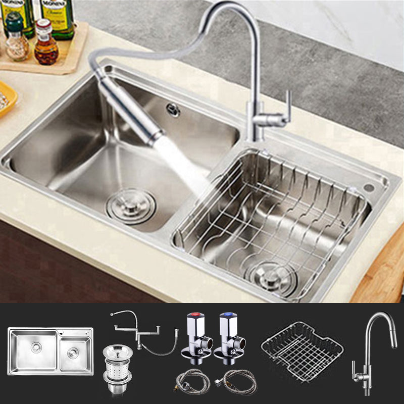 Rectangle 2 Holes Kitchen Sink Stainless Steel Double Basin Sink 30"L x 17"W x 8"H Sink with Faucet Universal Faucet Clearhalo 'Home Improvement' 'home_improvement' 'home_improvement_kitchen_sinks' 'Kitchen Remodel & Kitchen Fixtures' 'Kitchen Sinks & Faucet Components' 'Kitchen Sinks' 'kitchen_sinks' 6585348