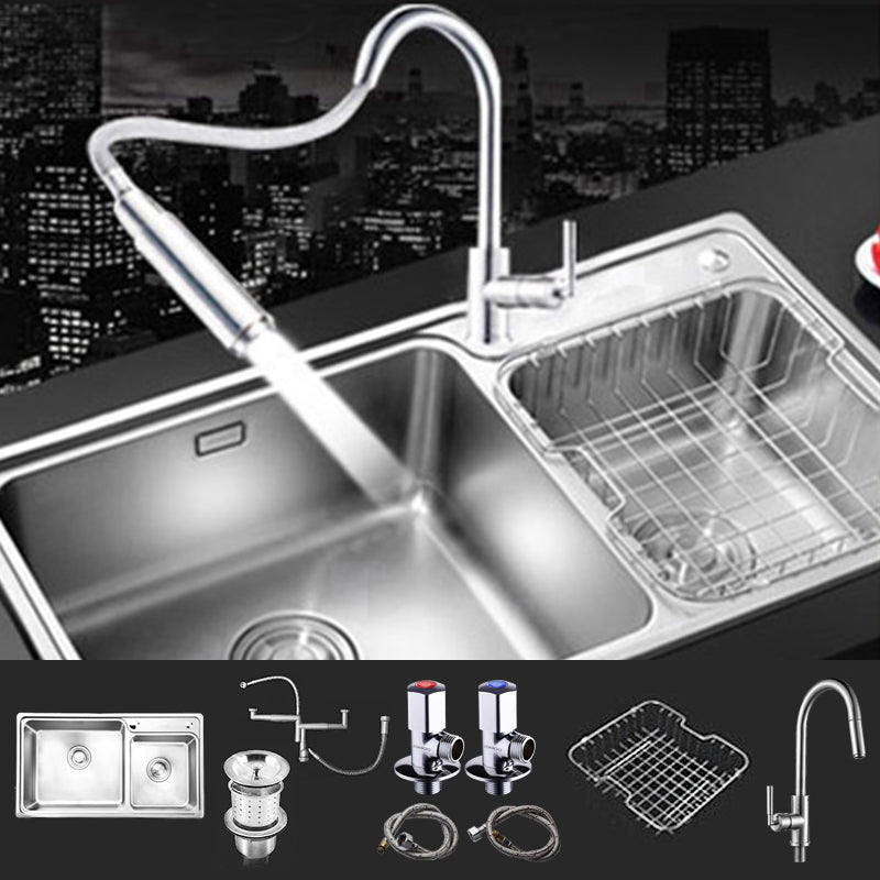 Rectangle 2 Holes Kitchen Sink Stainless Steel Double Basin Sink 31"L x 17"W x 8"H Sink with Faucet Universal Faucet Clearhalo 'Home Improvement' 'home_improvement' 'home_improvement_kitchen_sinks' 'Kitchen Remodel & Kitchen Fixtures' 'Kitchen Sinks & Faucet Components' 'Kitchen Sinks' 'kitchen_sinks' 6585350