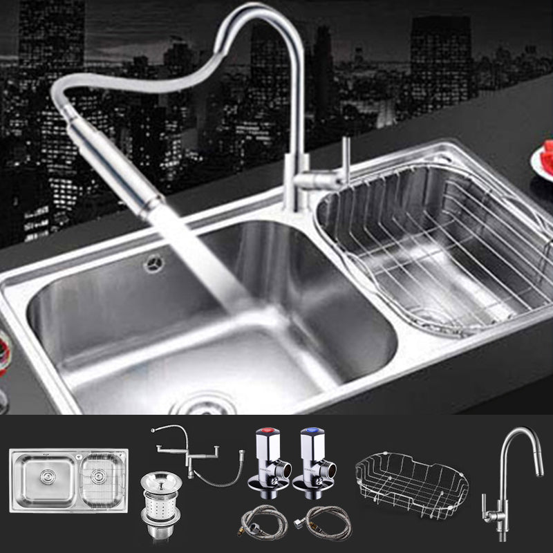 Rectangle 2 Holes Kitchen Sink Stainless Steel Double Basin Sink 32"L x 18"W x 8"H Sink with Faucet Universal Faucet Clearhalo 'Home Improvement' 'home_improvement' 'home_improvement_kitchen_sinks' 'Kitchen Remodel & Kitchen Fixtures' 'Kitchen Sinks & Faucet Components' 'Kitchen Sinks' 'kitchen_sinks' 6585351