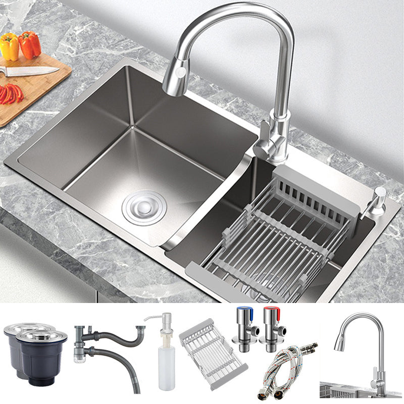 Stainless Steel 2 Holes Sink Contemporary Kitchen Sink with Basket Strainer 31"L x 18"W x 9"H Sink with Faucet Pull Out Faucet Clearhalo 'Home Improvement' 'home_improvement' 'home_improvement_kitchen_sinks' 'Kitchen Remodel & Kitchen Fixtures' 'Kitchen Sinks & Faucet Components' 'Kitchen Sinks' 'kitchen_sinks' 6585363