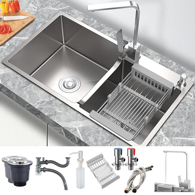 Stainless Steel 2 Holes Sink Contemporary Kitchen Sink with Basket Strainer Sink with Faucet Square Faucet Clearhalo 'Home Improvement' 'home_improvement' 'home_improvement_kitchen_sinks' 'Kitchen Remodel & Kitchen Fixtures' 'Kitchen Sinks & Faucet Components' 'Kitchen Sinks' 'kitchen_sinks' 6585367