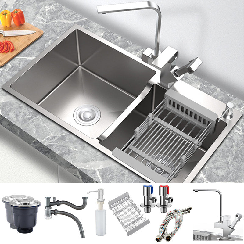 Stainless Steel 2 Holes Sink Contemporary Kitchen Sink with Basket Strainer 31"L x 18"W x 9"H Sink with Faucet Robot Faucet Clearhalo 'Home Improvement' 'home_improvement' 'home_improvement_kitchen_sinks' 'Kitchen Remodel & Kitchen Fixtures' 'Kitchen Sinks & Faucet Components' 'Kitchen Sinks' 'kitchen_sinks' 6585369