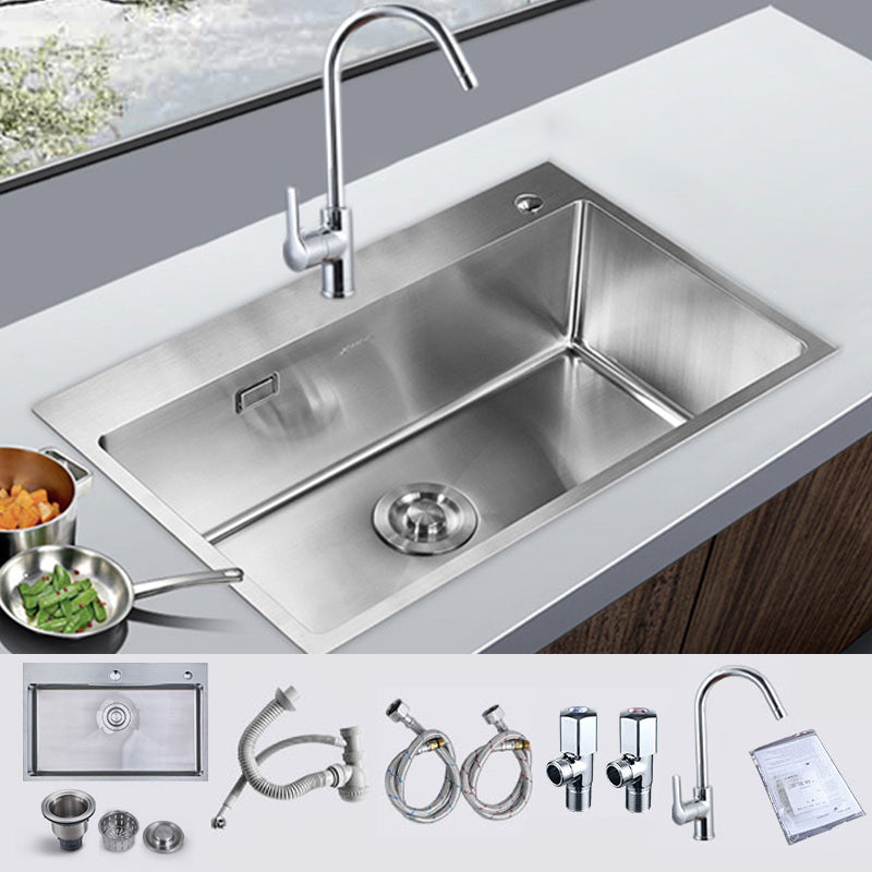 Stainless Steel 1 Holes Sink Contemporary Kitchen Sink with Basket Strainer 28"L x 18"W x 9"H Sink with Faucet Round Faucet Clearhalo 'Home Improvement' 'home_improvement' 'home_improvement_kitchen_sinks' 'Kitchen Remodel & Kitchen Fixtures' 'Kitchen Sinks & Faucet Components' 'Kitchen Sinks' 'kitchen_sinks' 6585404