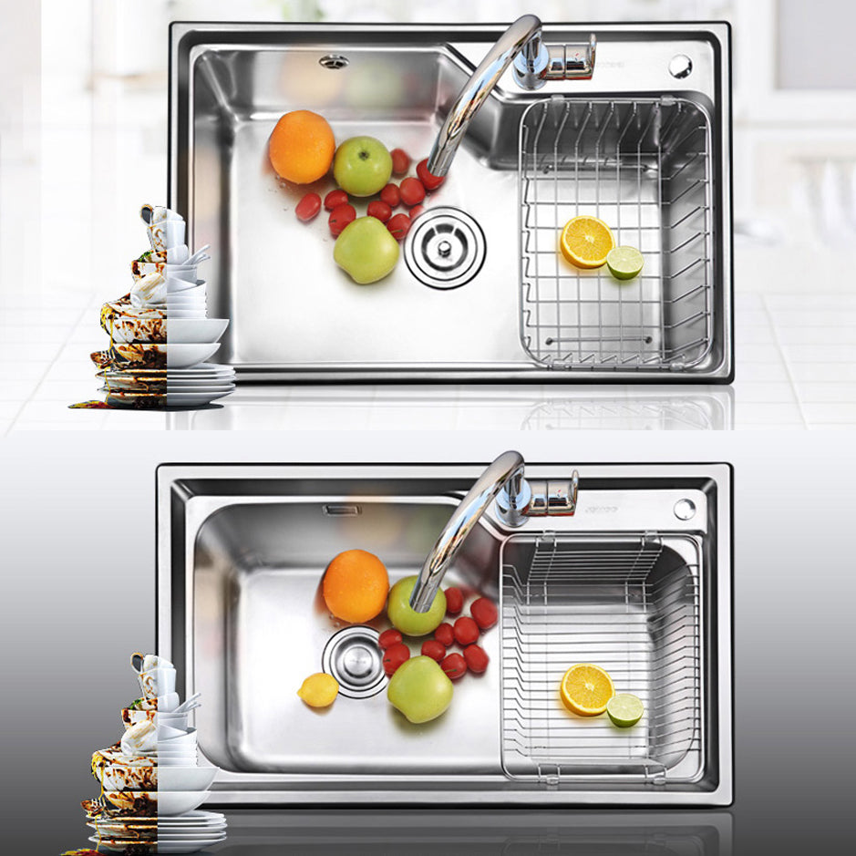 Stainless Steel 1 Holes Sink Contemporary Kitchen Sink with Basket Strainer Clearhalo 'Home Improvement' 'home_improvement' 'home_improvement_kitchen_sinks' 'Kitchen Remodel & Kitchen Fixtures' 'Kitchen Sinks & Faucet Components' 'Kitchen Sinks' 'kitchen_sinks' 6585405