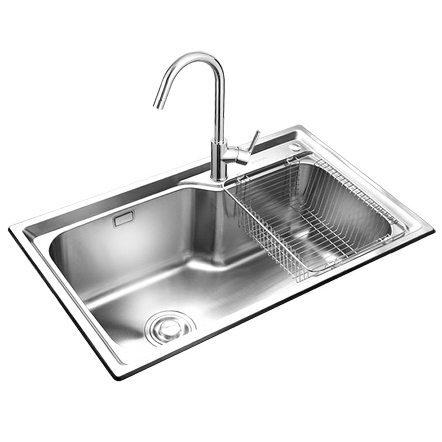 Stainless Steel 1 Holes Sink Contemporary Kitchen Sink with Basket Strainer Clearhalo 'Home Improvement' 'home_improvement' 'home_improvement_kitchen_sinks' 'Kitchen Remodel & Kitchen Fixtures' 'Kitchen Sinks & Faucet Components' 'Kitchen Sinks' 'kitchen_sinks' 6585408