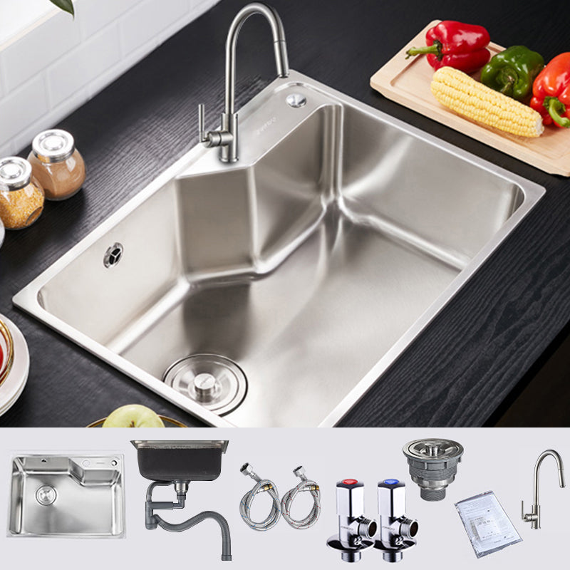 Stainless Steel 1 Holes Sink Contemporary Kitchen Sink with Basket Strainer Sink with Faucet Pull Out Faucet Clearhalo 'Home Improvement' 'home_improvement' 'home_improvement_kitchen_sinks' 'Kitchen Remodel & Kitchen Fixtures' 'Kitchen Sinks & Faucet Components' 'Kitchen Sinks' 'kitchen_sinks' 6585409