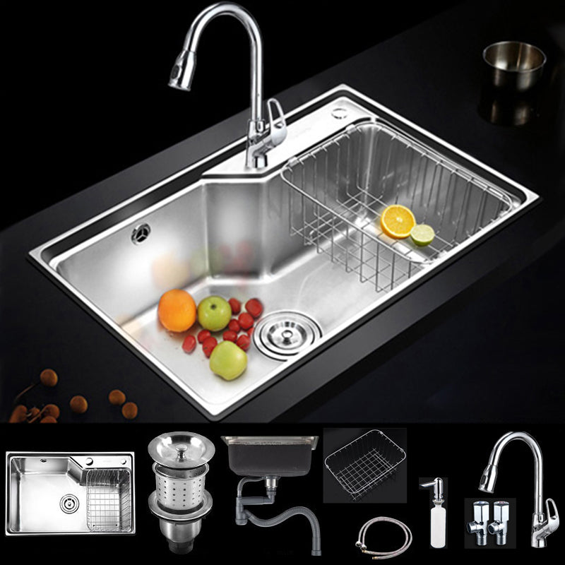 Stainless Steel 1 Holes Sink Contemporary Kitchen Sink with Basket Strainer 27"L x 17"W x 9"H Sink with Faucet Pull Out Faucet Clearhalo 'Home Improvement' 'home_improvement' 'home_improvement_kitchen_sinks' 'Kitchen Remodel & Kitchen Fixtures' 'Kitchen Sinks & Faucet Components' 'Kitchen Sinks' 'kitchen_sinks' 6585410