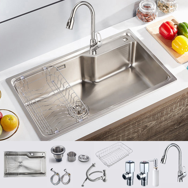 Stainless Steel 1 Holes Sink Contemporary Kitchen Sink with Basket Strainer 29.5"L x 17.7"W x 8.3"H Sink with Faucet Pull Out Faucet Clearhalo 'Home Improvement' 'home_improvement' 'home_improvement_kitchen_sinks' 'Kitchen Remodel & Kitchen Fixtures' 'Kitchen Sinks & Faucet Components' 'Kitchen Sinks' 'kitchen_sinks' 6585412