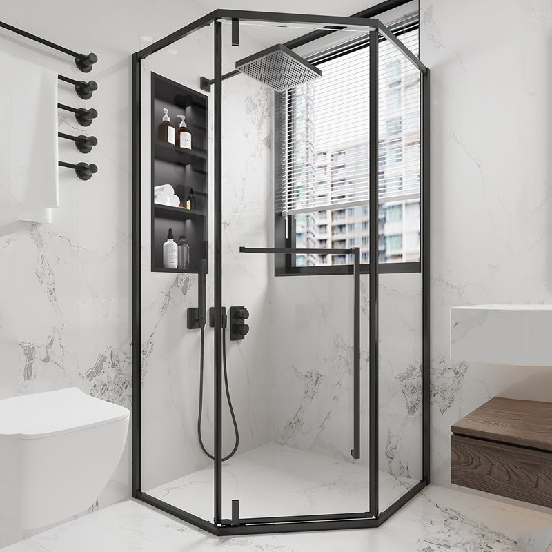 Shower Stall Black Semi-Frameless Black Corner Neo-Angle Shower Stall Clearhalo 'Bathroom Remodel & Bathroom Fixtures' 'Home Improvement' 'home_improvement' 'home_improvement_shower_stalls_enclosures' 'Shower Stalls & Enclosures' 'shower_stalls_enclosures' 'Showers & Bathtubs' 6585572
