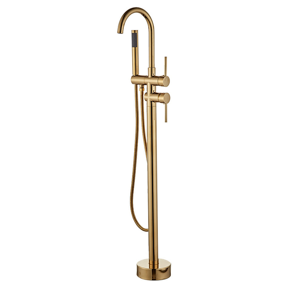 Traditional Floor Mounted Freestanding Tub Filler Double Handles Bathtub Faucet Gold Clearhalo 'Bathroom Remodel & Bathroom Fixtures' 'Bathtub Faucets' 'bathtub_faucets' 'Home Improvement' 'home_improvement' 'home_improvement_bathtub_faucets' 6585858