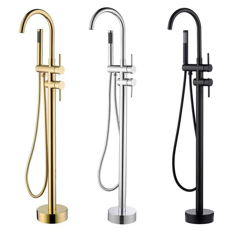 Traditional Floor Mounted Freestanding Tub Filler Double Handles Bathtub Faucet Clearhalo 'Bathroom Remodel & Bathroom Fixtures' 'Bathtub Faucets' 'bathtub_faucets' 'Home Improvement' 'home_improvement' 'home_improvement_bathtub_faucets' 6585861