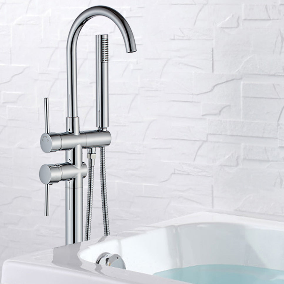Traditional Floor Mounted Freestanding Tub Filler Double Handles Bathtub Faucet Clearhalo 'Bathroom Remodel & Bathroom Fixtures' 'Bathtub Faucets' 'bathtub_faucets' 'Home Improvement' 'home_improvement' 'home_improvement_bathtub_faucets' 6585864