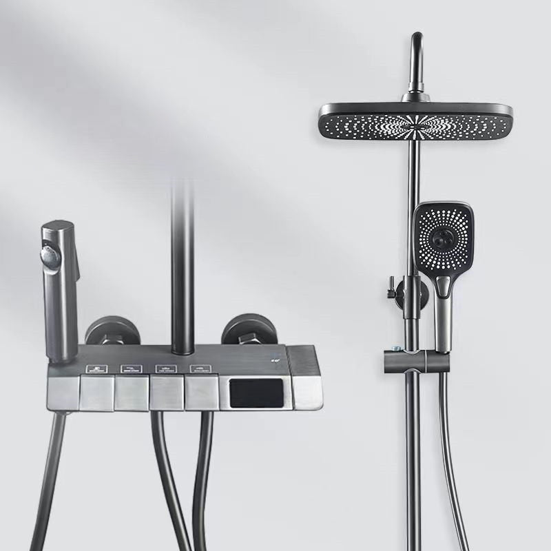 Bathroom Shower System Square Handheld Shower Head Wall Mounted Shower Trim Grey Temperature Control Clearhalo 'Bathroom Remodel & Bathroom Fixtures' 'Home Improvement' 'home_improvement' 'home_improvement_shower_faucets' 'Shower Faucets & Systems' 'shower_faucets' 'Showers & Bathtubs Plumbing' 'Showers & Bathtubs' 6585933