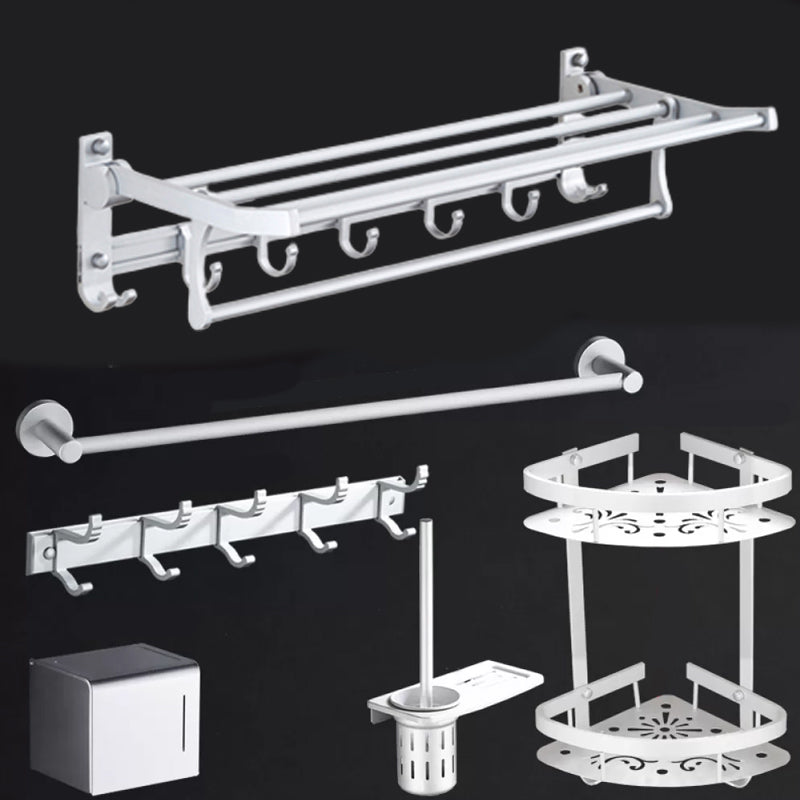 Silver Modern Bathroom Accessory Set with Bath Shelf/Towel Bar & Robe Hooks 6-Piece Set (with Hook) Clearhalo 'Bathroom Hardware Sets' 'Bathroom Hardware' 'Bathroom Remodel & Bathroom Fixtures' 'bathroom_hardware_sets' 'Home Improvement' 'home_improvement' 'home_improvement_bathroom_hardware_sets' 6587536