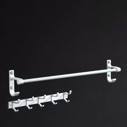 Silver Modern Bathroom Accessory Set with Bath Shelf/Towel Bar & Robe Hooks Towel Bar with Towel Robe Hook Clearhalo 'Bathroom Hardware Sets' 'Bathroom Hardware' 'Bathroom Remodel & Bathroom Fixtures' 'bathroom_hardware_sets' 'Home Improvement' 'home_improvement' 'home_improvement_bathroom_hardware_sets' 6587539