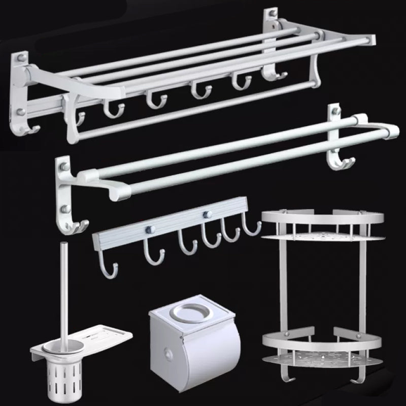 Silver Contemporary Bathroom Hardware Set Stainless Aluminum Bathroom Set 6-Piece Set (with Hook) Clearhalo 'Bathroom Hardware Sets' 'Bathroom Hardware' 'Bathroom Remodel & Bathroom Fixtures' 'bathroom_hardware_sets' 'Home Improvement' 'home_improvement' 'home_improvement_bathroom_hardware_sets' 6587673