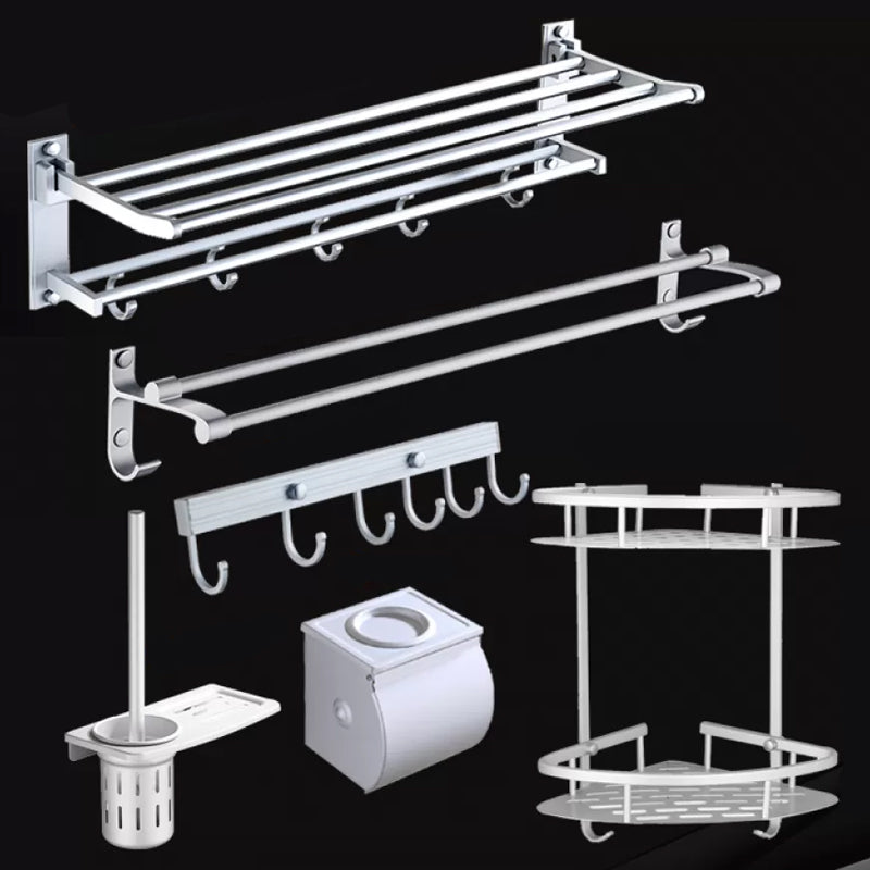 Silver Contemporary Bathroom Hardware Set Stainless Aluminum Bathroom Set 6-Piece Set (without Hook) Clearhalo 'Bathroom Hardware Sets' 'Bathroom Hardware' 'Bathroom Remodel & Bathroom Fixtures' 'bathroom_hardware_sets' 'Home Improvement' 'home_improvement' 'home_improvement_bathroom_hardware_sets' 6587676