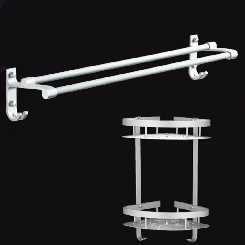 Silver Contemporary Bathroom Hardware Set Stainless Aluminum Bathroom Set Towel Bar (Double Hooks) with Double Layer Bath Shelf Clearhalo 'Bathroom Hardware Sets' 'Bathroom Hardware' 'Bathroom Remodel & Bathroom Fixtures' 'bathroom_hardware_sets' 'Home Improvement' 'home_improvement' 'home_improvement_bathroom_hardware_sets' 6587679