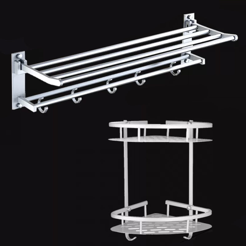 Silver Contemporary Bathroom Hardware Set Stainless Aluminum Bathroom Set Towel Rack (without Hook) with Double Layer Bath Shelf Clearhalo 'Bathroom Hardware Sets' 'Bathroom Hardware' 'Bathroom Remodel & Bathroom Fixtures' 'bathroom_hardware_sets' 'Home Improvement' 'home_improvement' 'home_improvement_bathroom_hardware_sets' 6587680