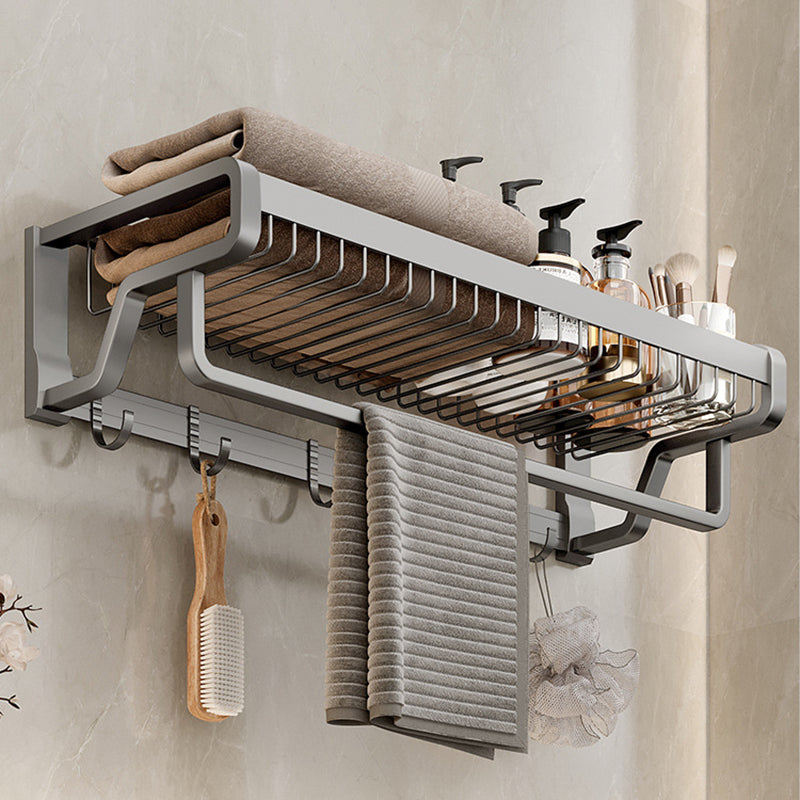 Aluminum Modern Bathroom Accessory Set Polished Gray Bath Shelf/Paper Holder/Robe Hooks Single Bar Towel Rack (22"L) Clearhalo 'Bathroom Hardware Sets' 'Bathroom Hardware' 'Bathroom Remodel & Bathroom Fixtures' 'bathroom_hardware_sets' 'Home Improvement' 'home_improvement' 'home_improvement_bathroom_hardware_sets' 6587783