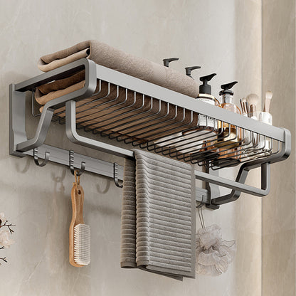 Aluminum Modern Bathroom Accessory Set Polished Gray Bath Shelf/Paper Holder/Robe Hooks Single Bar Towel Rack (22"L) Clearhalo 'Bathroom Hardware Sets' 'Bathroom Hardware' 'Bathroom Remodel & Bathroom Fixtures' 'bathroom_hardware_sets' 'Home Improvement' 'home_improvement' 'home_improvement_bathroom_hardware_sets' 6587783