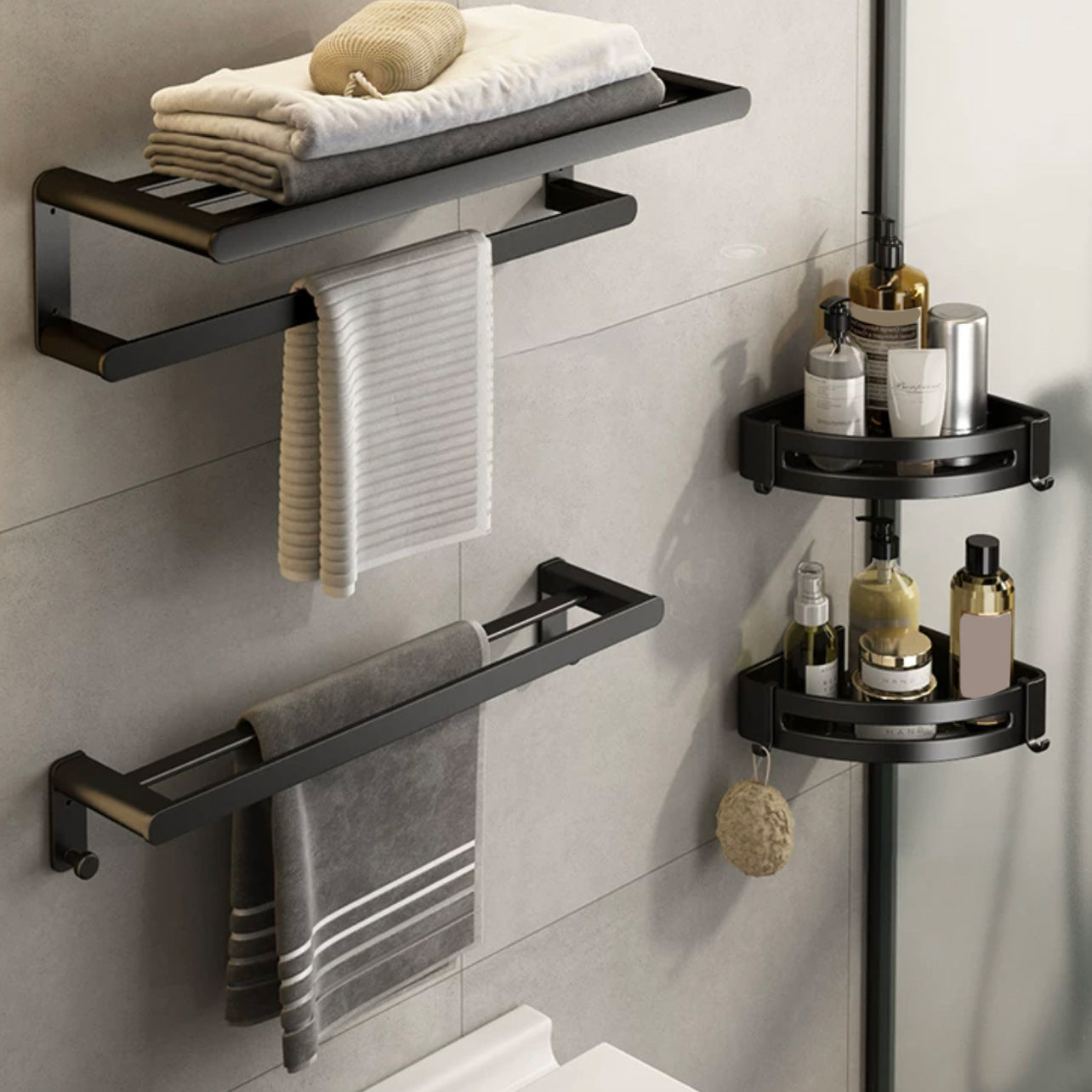 Modern Bath Hardware Set Black Towel Bar Bath Shelf Bathroom Hardware Set 4-Piece Set (Double Rods) Clearhalo 'Bathroom Hardware Sets' 'Bathroom Hardware' 'Bathroom Remodel & Bathroom Fixtures' 'bathroom_hardware_sets' 'Home Improvement' 'home_improvement' 'home_improvement_bathroom_hardware_sets' 6588074