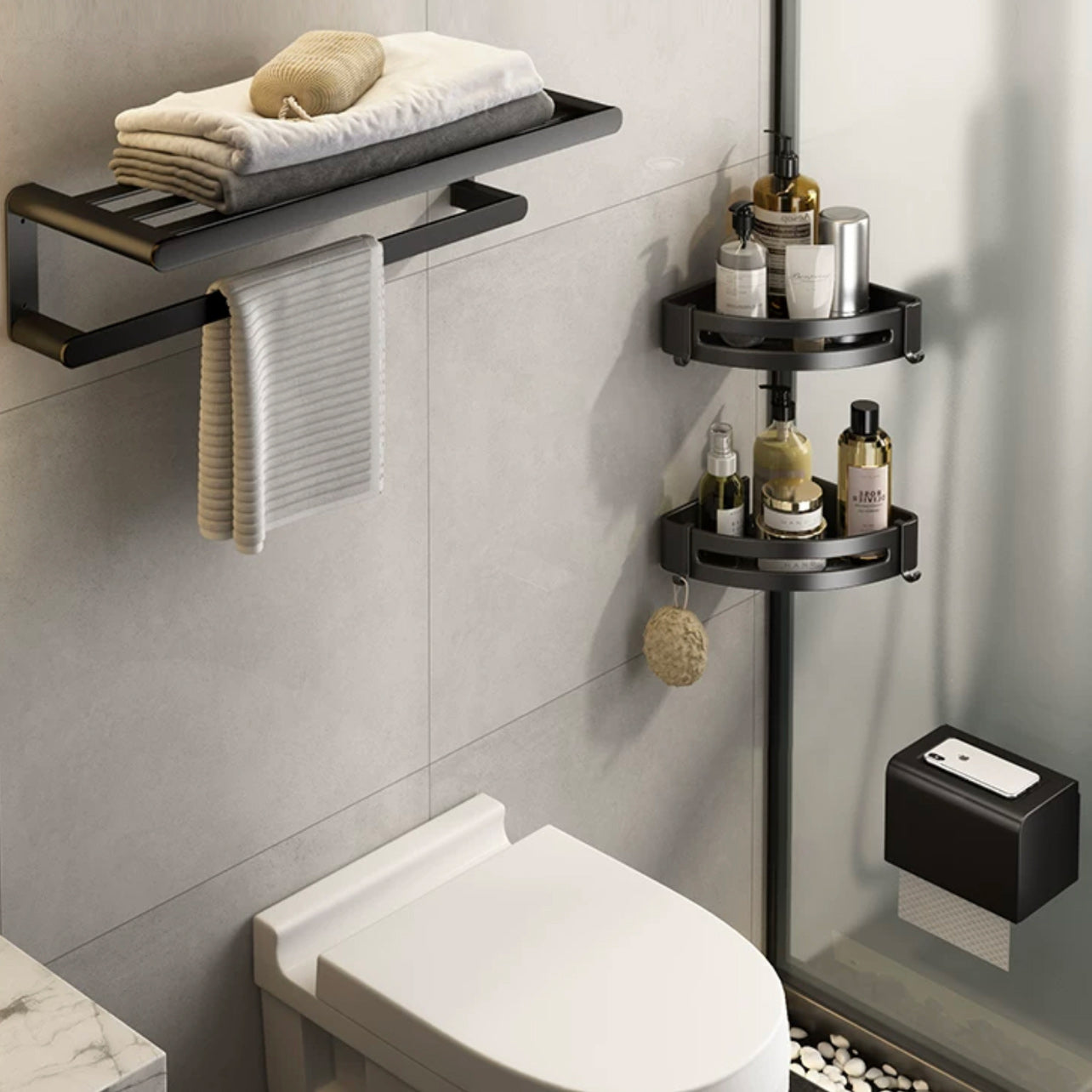Modern Bath Hardware Set Black Towel Bar Bath Shelf Bathroom Hardware Set 4-Piece Set (Toilet Paper Holder) Clearhalo 'Bathroom Hardware Sets' 'Bathroom Hardware' 'Bathroom Remodel & Bathroom Fixtures' 'bathroom_hardware_sets' 'Home Improvement' 'home_improvement' 'home_improvement_bathroom_hardware_sets' 6588092