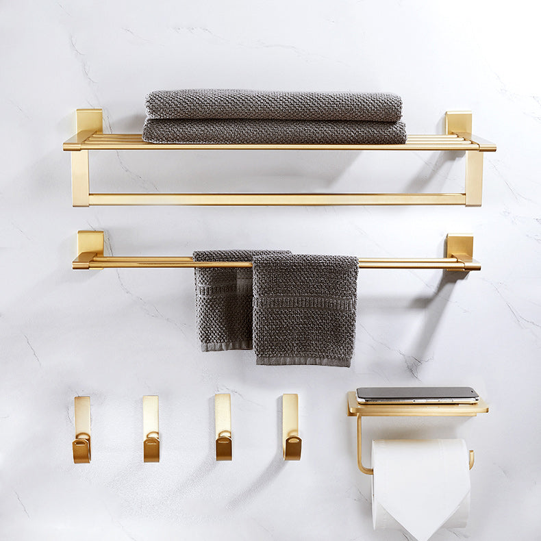 Golden Modern 5-Piece Bathroom Accessory Set Brushed Brass Towel Bar/Paper Holder Clearhalo 'Bathroom Hardware Sets' 'Bathroom Hardware' 'Bathroom Remodel & Bathroom Fixtures' 'bathroom_hardware_sets' 'Home Improvement' 'home_improvement' 'home_improvement_bathroom_hardware_sets' 6588106
